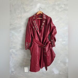 Red Vegan PU Leather Gromnet Dress Coat Long Peplum Sz L Flaw Damaged